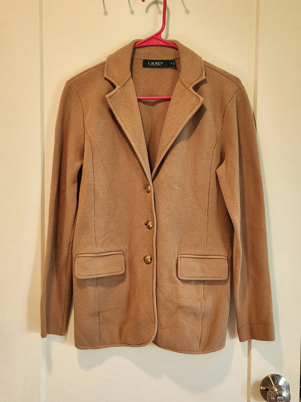 Lauren Ralph Lauren Women's Camel  Cotton-Blend Sweater Blazer Gold Buttons Sz M